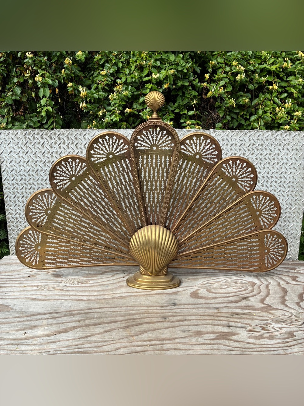Vintage Brass Peacock Fireplace Screen Folding Fan Ornate Art Deco MCM